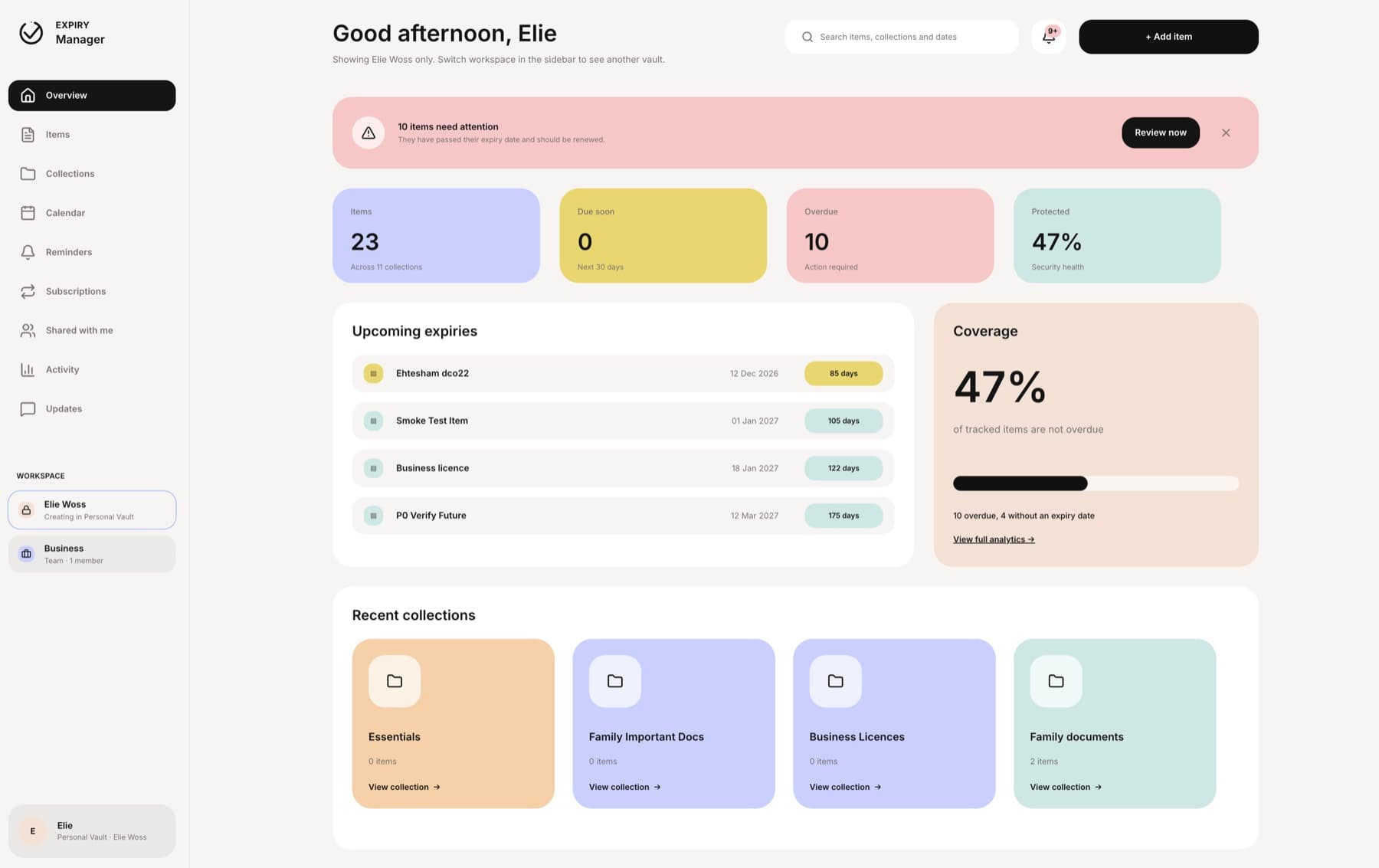 Expiry Manager dashboard showing tracked items, upcoming expiries and collections
